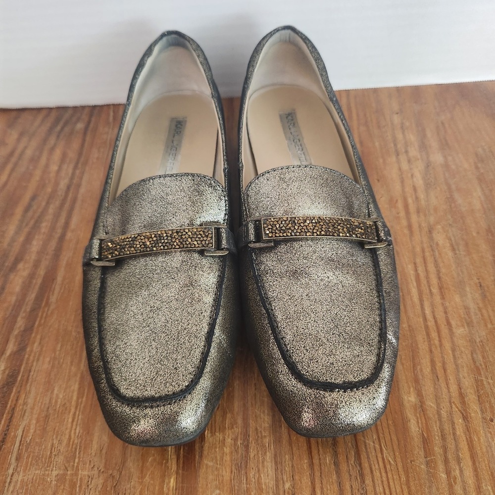 Karl Lagerfeld Quigley Leather Bit Loafer Sparkling Bronze Size 9 Crystals Flat‎
